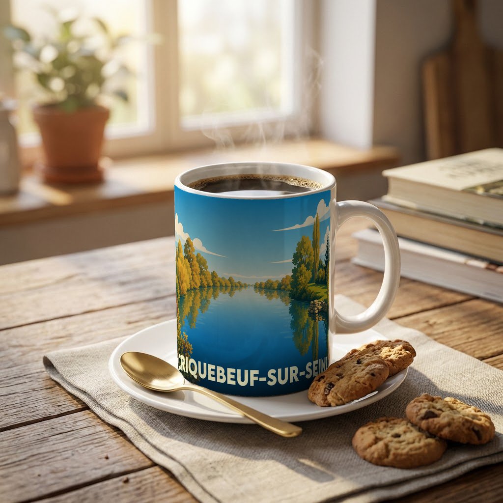Mug souvenir de la ville de Criquebeuf-sur-Seine orné d'un paysage fluvial illustré de façon stylisée.