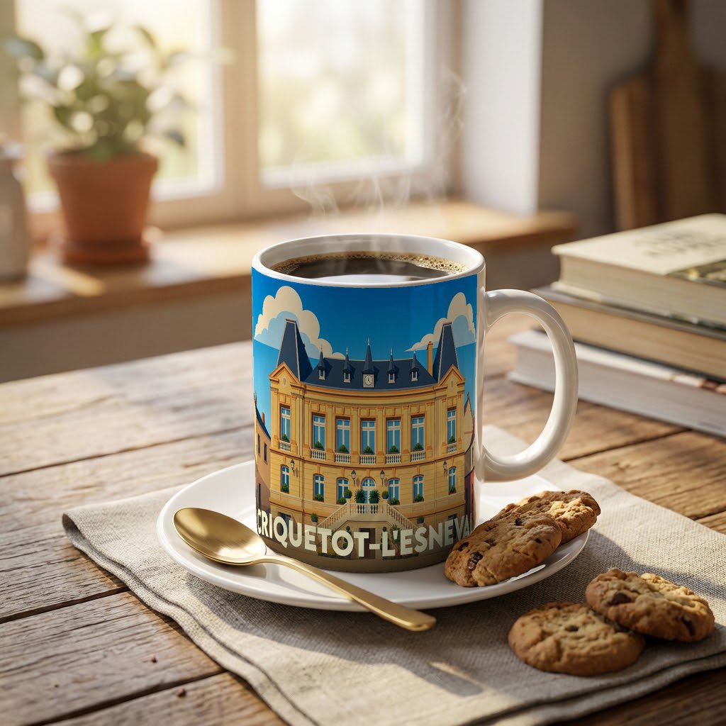 Mug souvenir de la ville de Criquetot-l'Esneval avec une illustration stylisée de sa mairie.