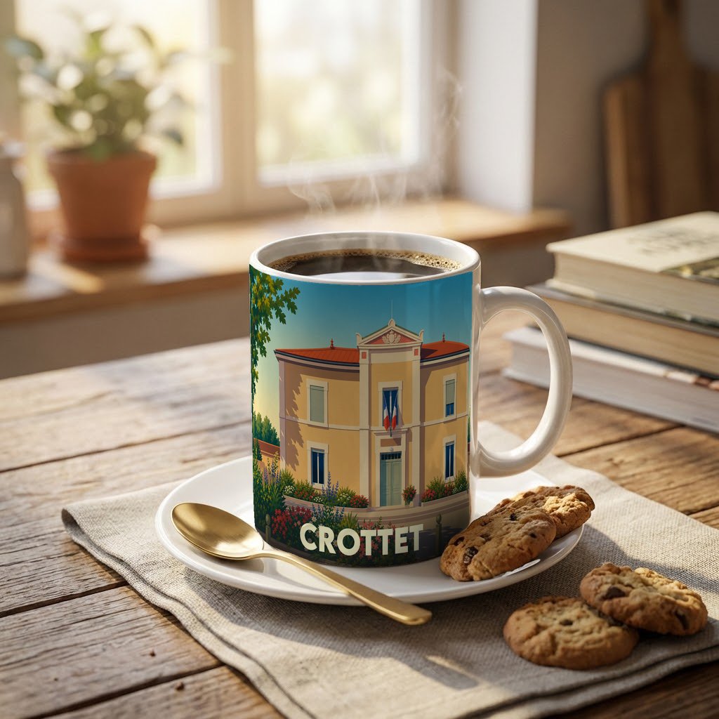 Mug souvenir de la ville de Crottet avec une illustration stylisée de sa mairie.