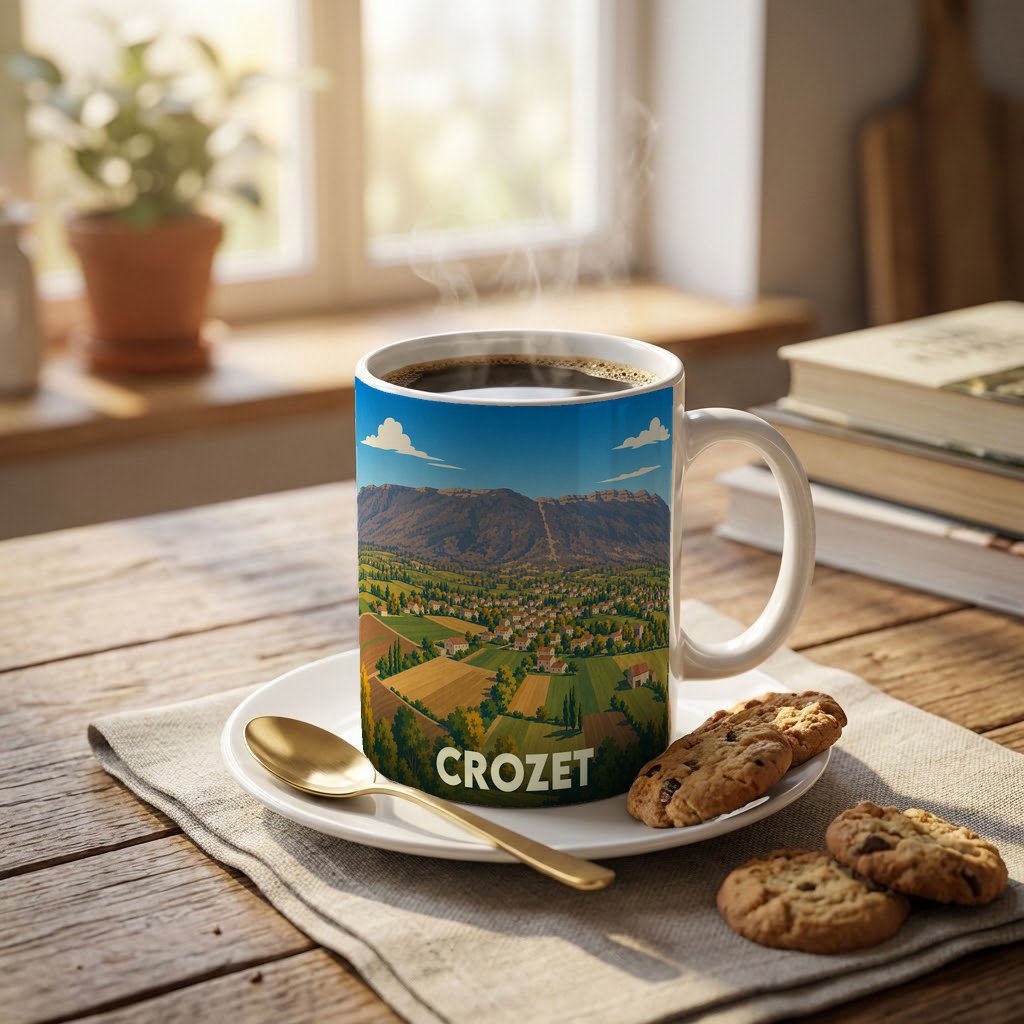 Mug souvenir de la ville de Crozet orné d'une illustration paysagère stylisée.