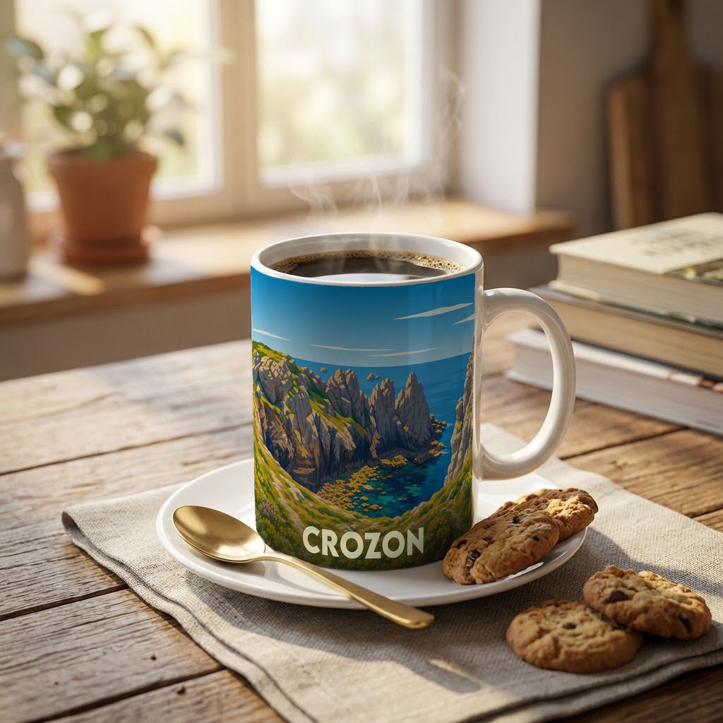 Mug souvenir de la ville de Crozon orné d'une illustration stylisée de ses falaises côtières.