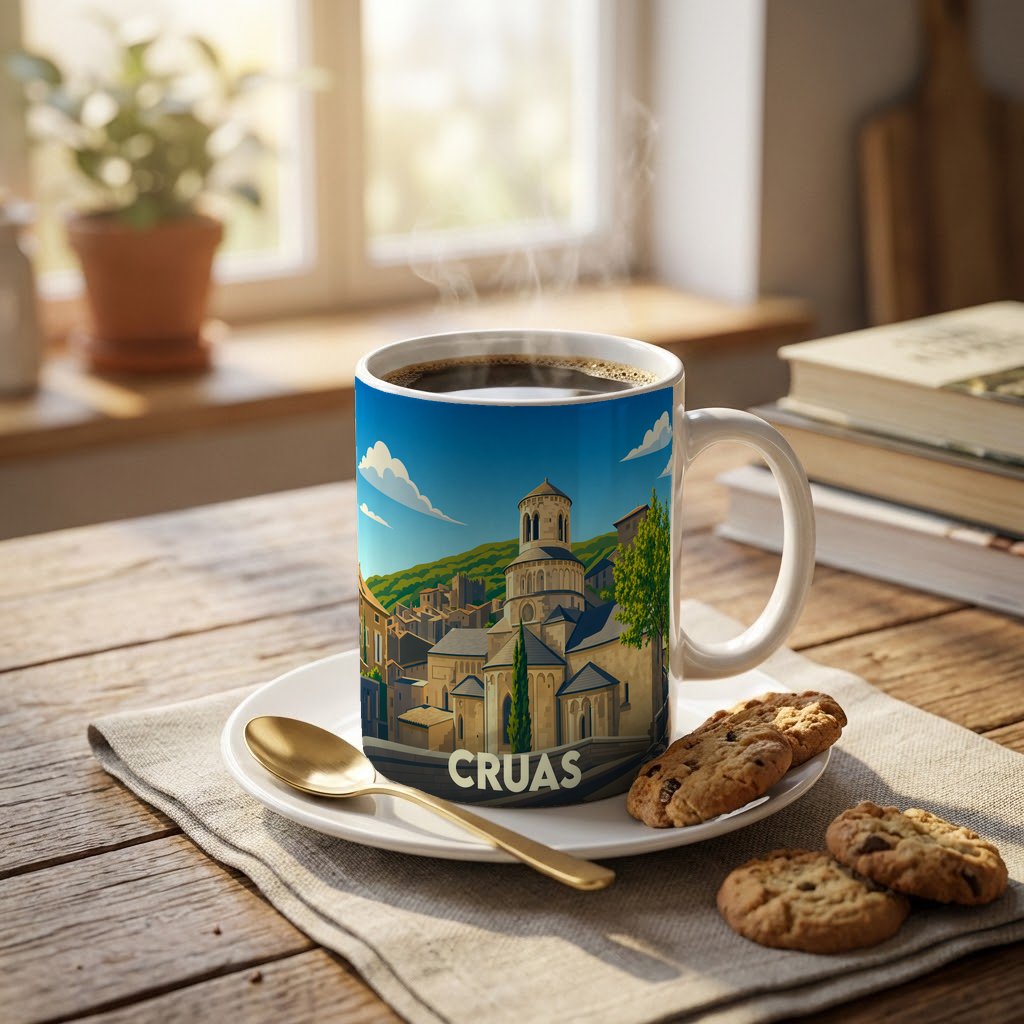 Mug souvenir de la ville de Cruas orné d'une illustration stylisée de son patrimoine architectural.