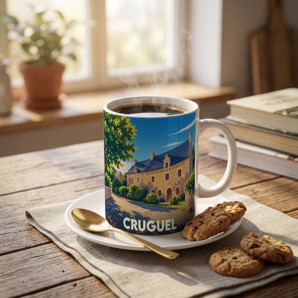 Mug souvenir de la ville de Cruguel avec une illustration stylisée d'un bâtiment historique.