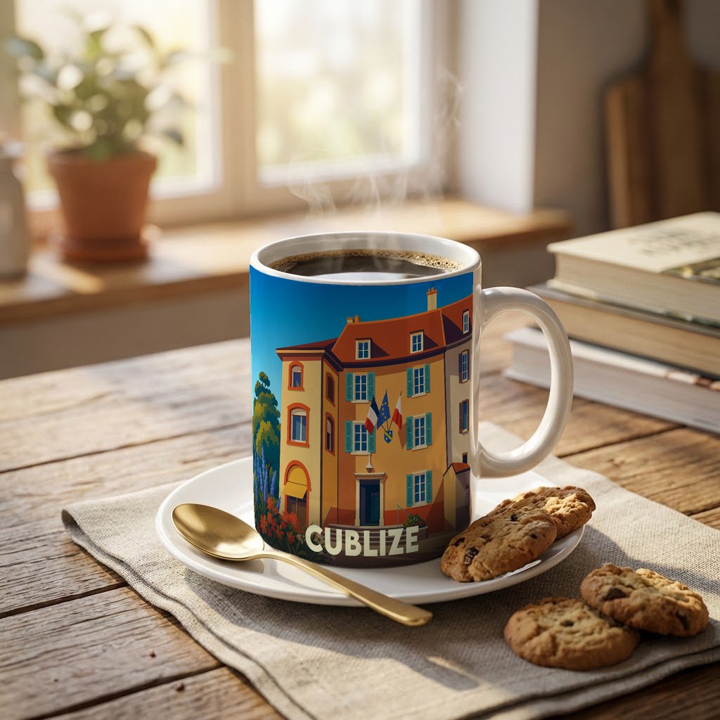 Mug souvenir de la ville de Cublize avec une illustration stylisée d'un bâtiment coloré.