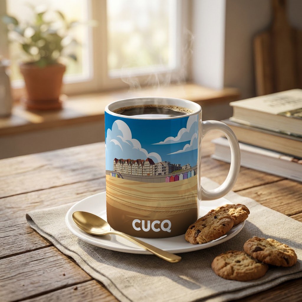 Mug souvenir de la ville de Cucq avec une illustration stylisée.