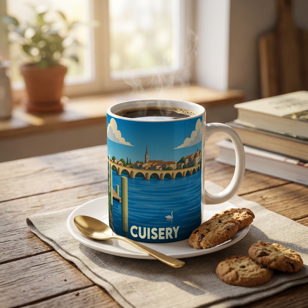 Mug souvenir de la ville de Cuisery avec une illustration stylisée d'un pont en bord de rivière.