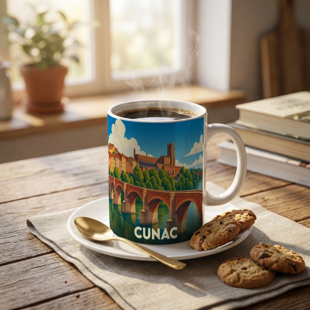 Mug souvenir de la ville de Cunac orné d'une illustration stylisée de son pont et de son église.