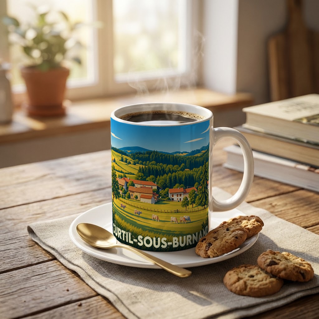 Mug souvenir de la ville de Curtil-sous-Burnand orné d'une illustration de paysage rural.