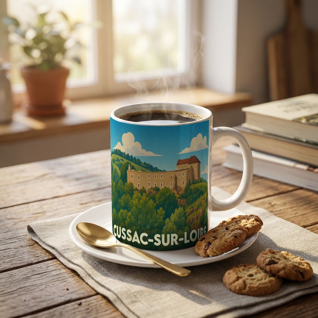 Mug souvenir de la ville de Cussac-sur-Loire avec une illustration stylisée d'un château.