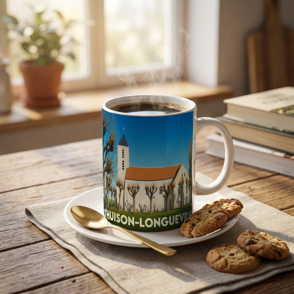 Mug souvenir de la ville de D'Huison-Longueville avec une illustration stylisée de son église.