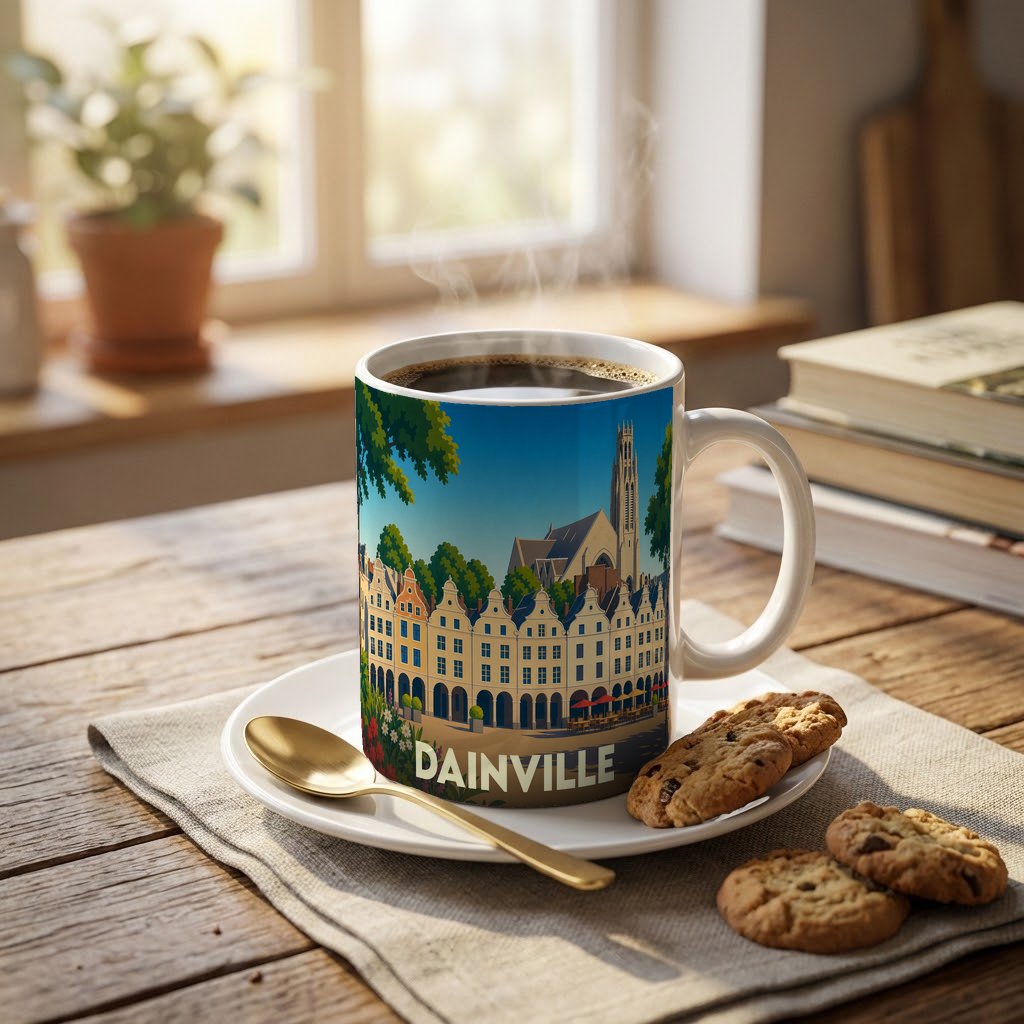 Mug souvenir de la ville de Dainville orné d'une illustration stylisée de son architecture historique.