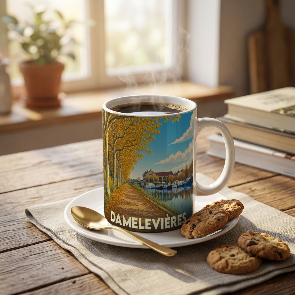 Mug souvenir de la ville de Damelevières avec une illustration automnale stylisée.