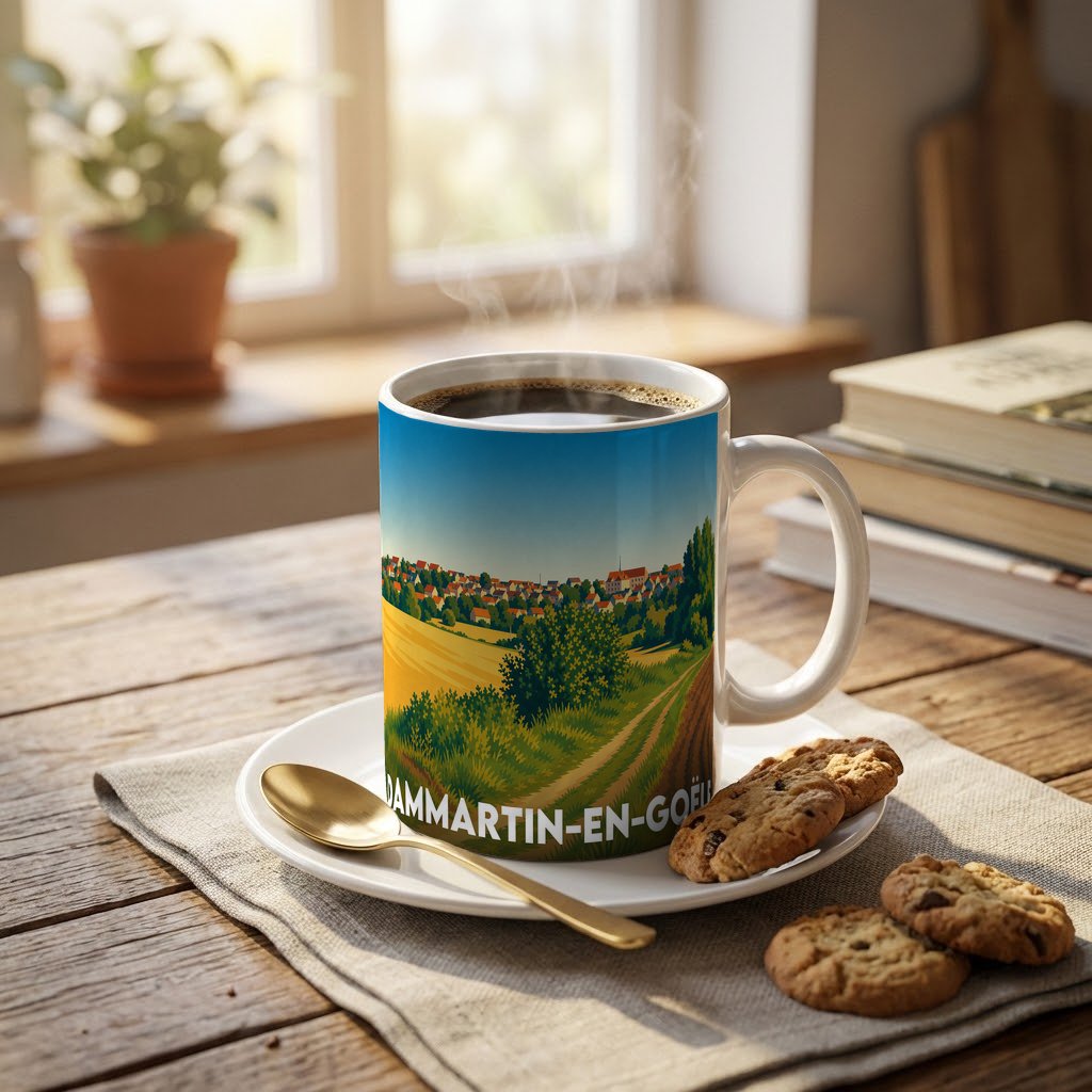 Mug souvenir de la ville de Dammartin-en-Goële avec une illustration paysagère stylisée.