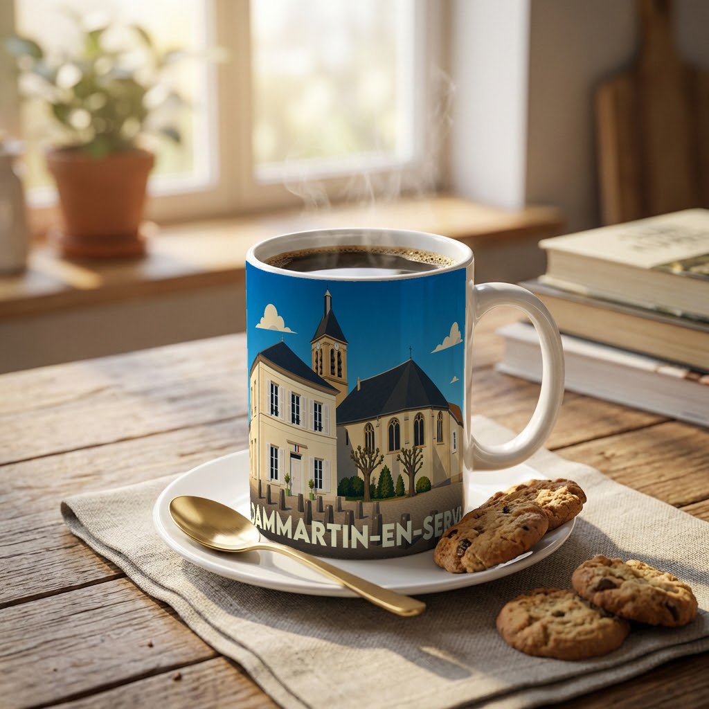 Mug souvenir de la ville de Dammartin-en-Serve orné d'une illustration stylisée de son église et de sa mairie.