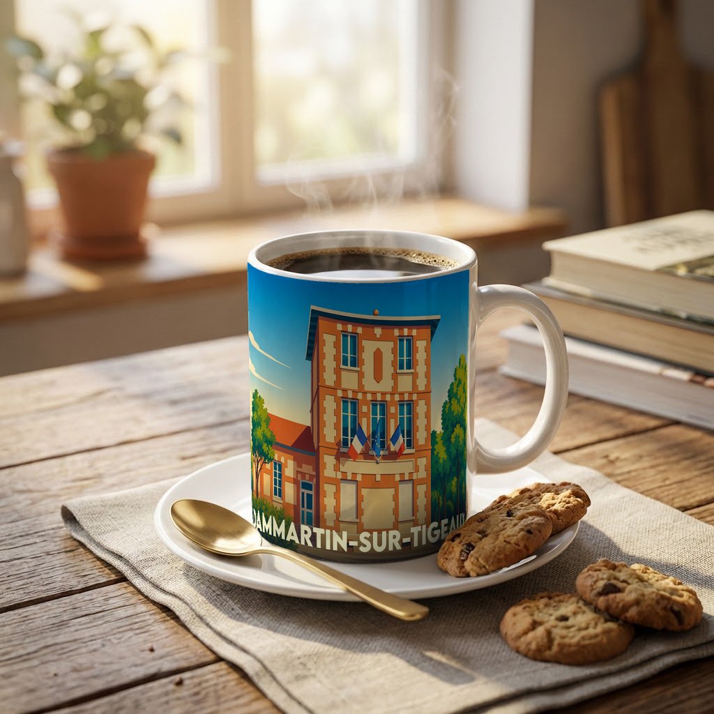 Mug souvenir de la ville de Dammartin-sur-Tigeaux avec une illustration stylisée de sa mairie.