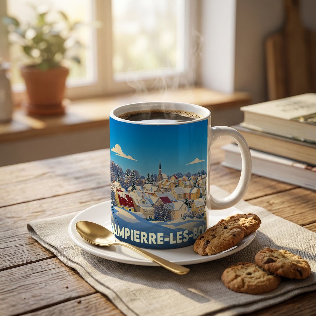 Mug souvenir de la ville de Dampierre-les-Bois illustré d'un paysage hivernal stylisé.