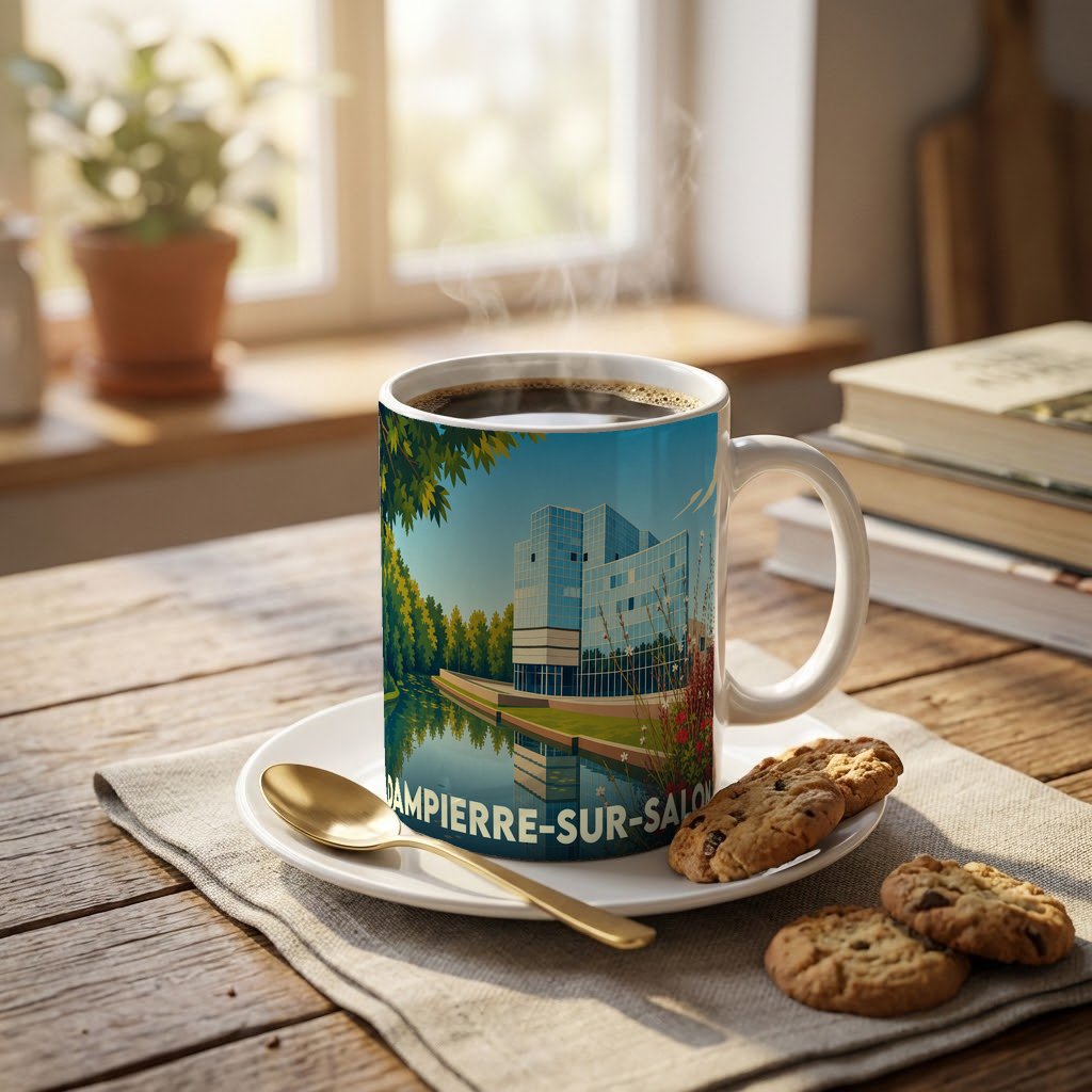 Mug souvenir de la ville de Dampierre-sur-Salon avec une illustration stylisée d'un bâtiment moderne au bord de l'eau.