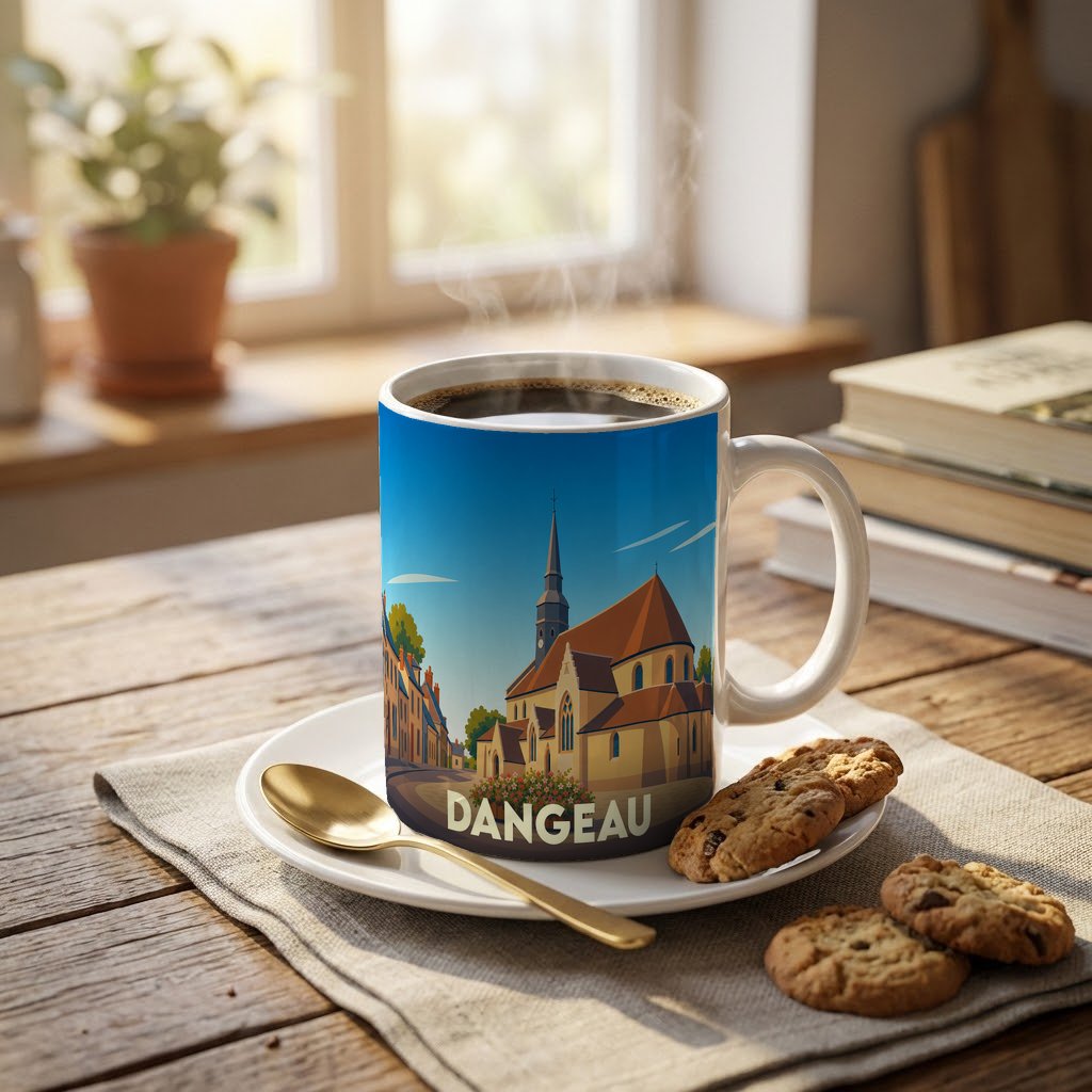 Mug souvenir de la ville de Dangeau orné d'une illustration stylisée de son église.