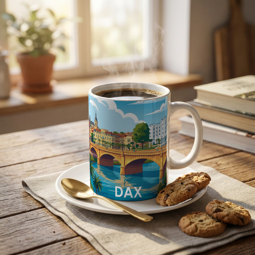 Mug souvenir de la ville de Dax avec une illustration stylisée de son pont et de son architecture.