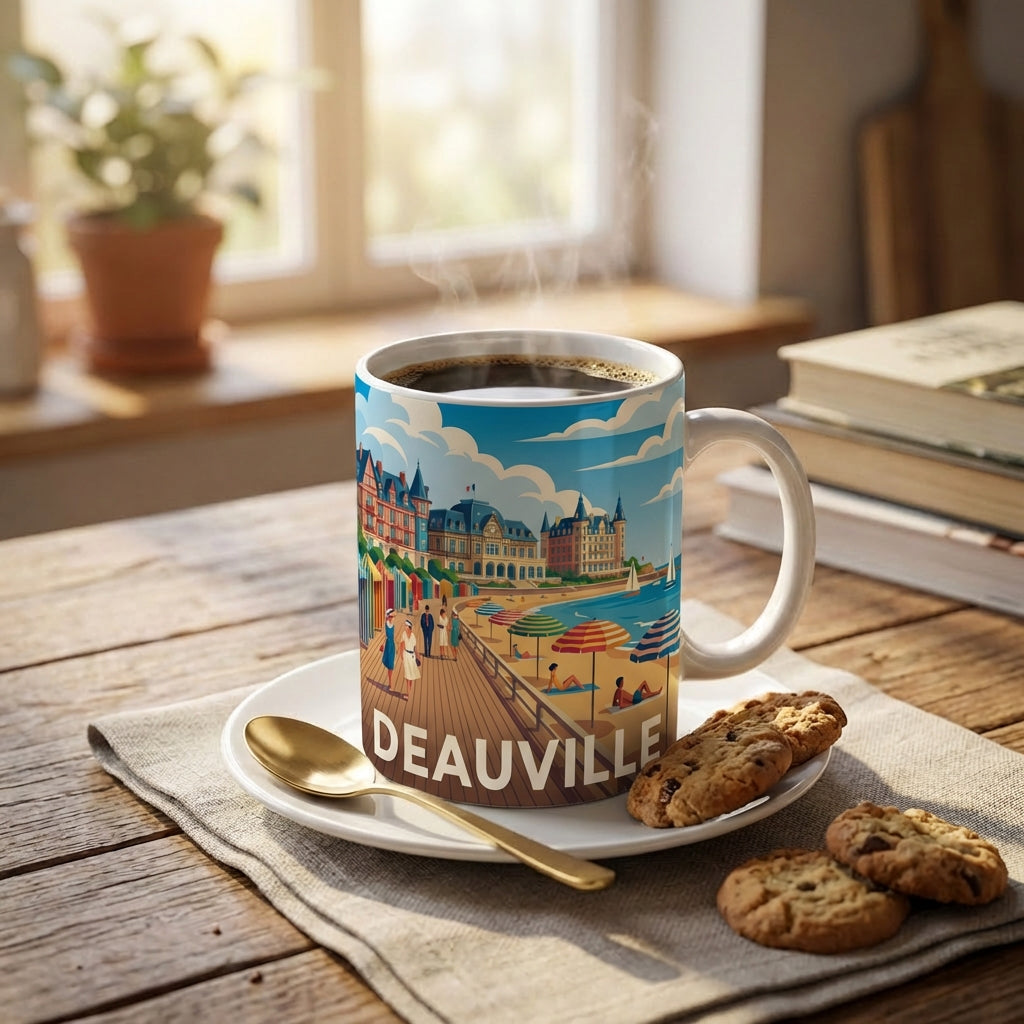 Mug souvenir de la ville de Deauville avec une illustration stylisée de son front de mer.