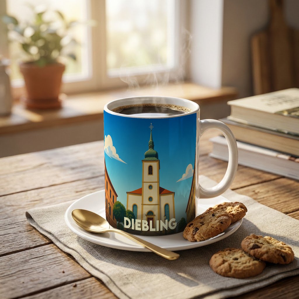Mug souvenir de la ville de Diebling avec une illustration stylisée de son église.