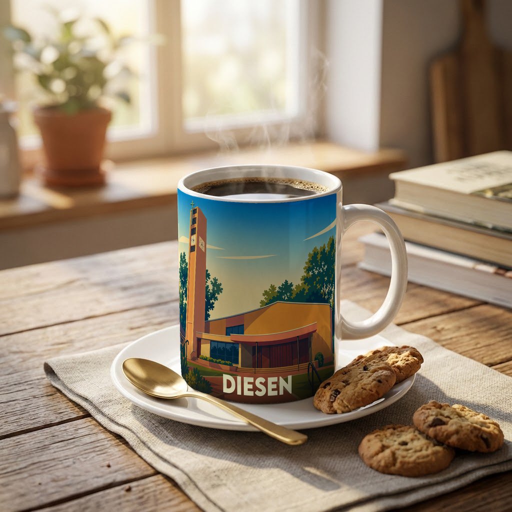 Mug souvenir de la ville de Diesen avec une illustration stylisée d'un bâtiment moderne et son clocher.