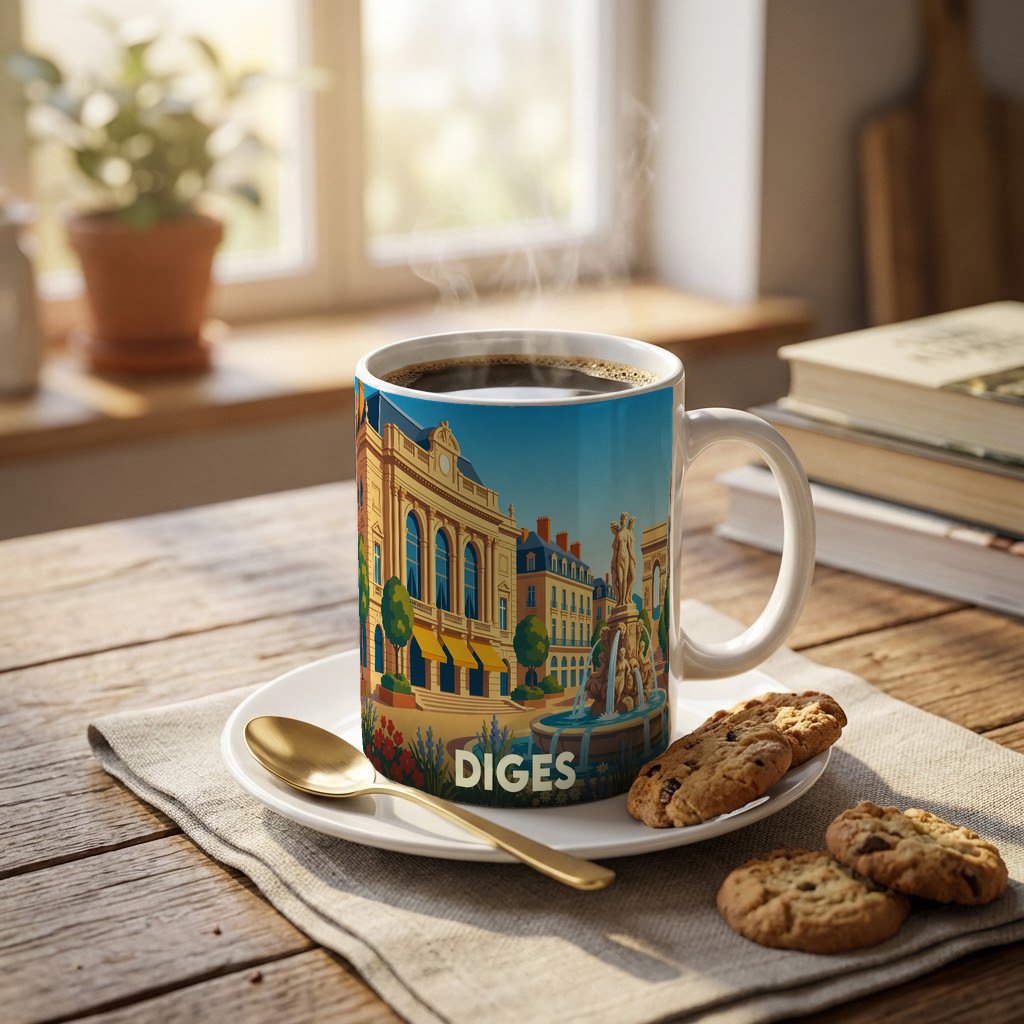 Mug souvenir de la ville de Diges avec une illustration colorée et stylisée de son architecture.