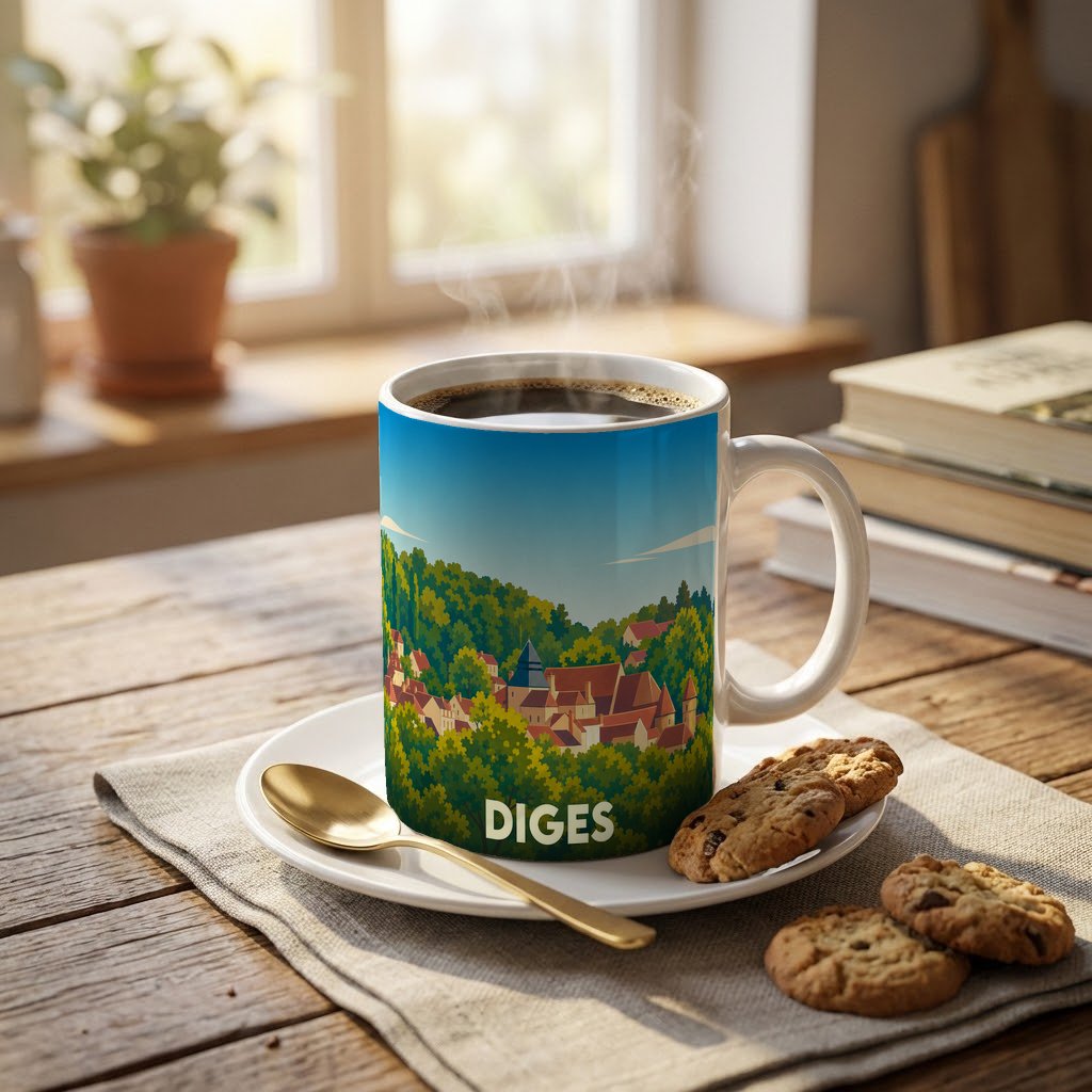 Mug souvenir de la ville de Diges orné d'une illustration stylisée de son paysage urbain verdoyant.
