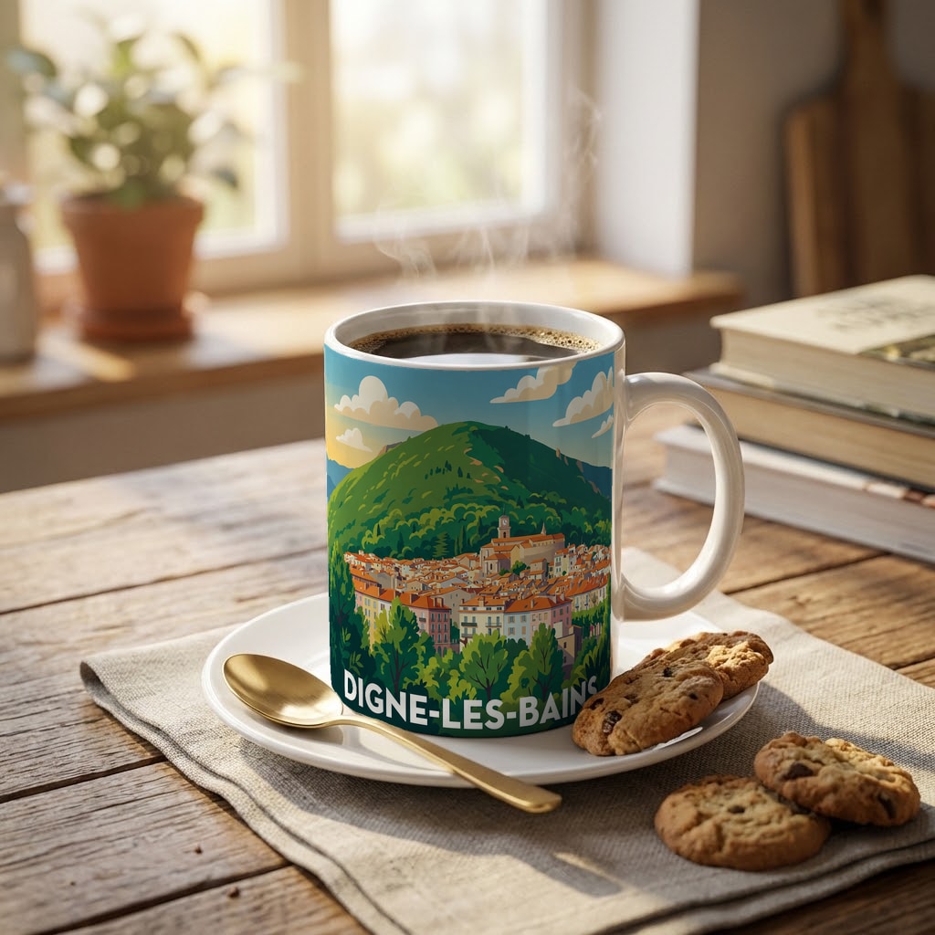 Mug souvenir de la ville de Digne-les-Bains avec une illustration stylisée de son paysage.