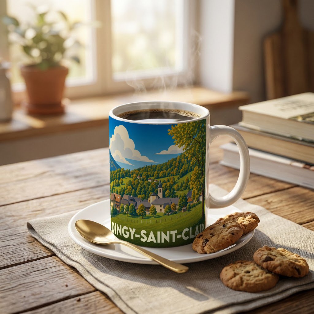 Mug souvenir de la ville de Dingy-Saint-Clair avec une illustration stylisée de son paysage montagneux.