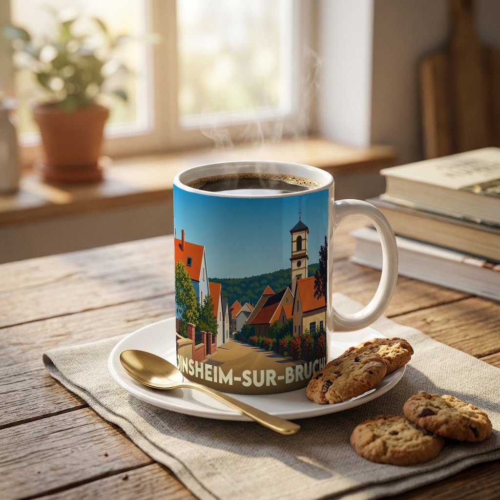 Mug souvenir de la ville de Dinsheim-sur-Bruche illustré d'un paysage urbain pittoresque.