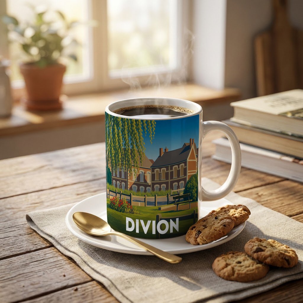 Mug souvenir de la ville de Divion orné d'une illustration stylisée de ses paysages et habitations.