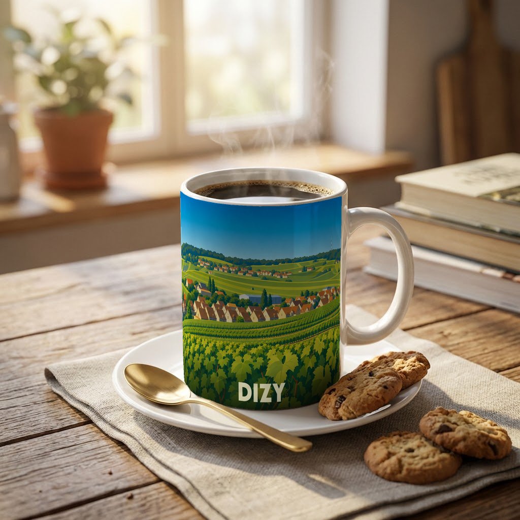 Mug souvenir de la ville de Dizy avec une illustration stylisée de ses vignobles.