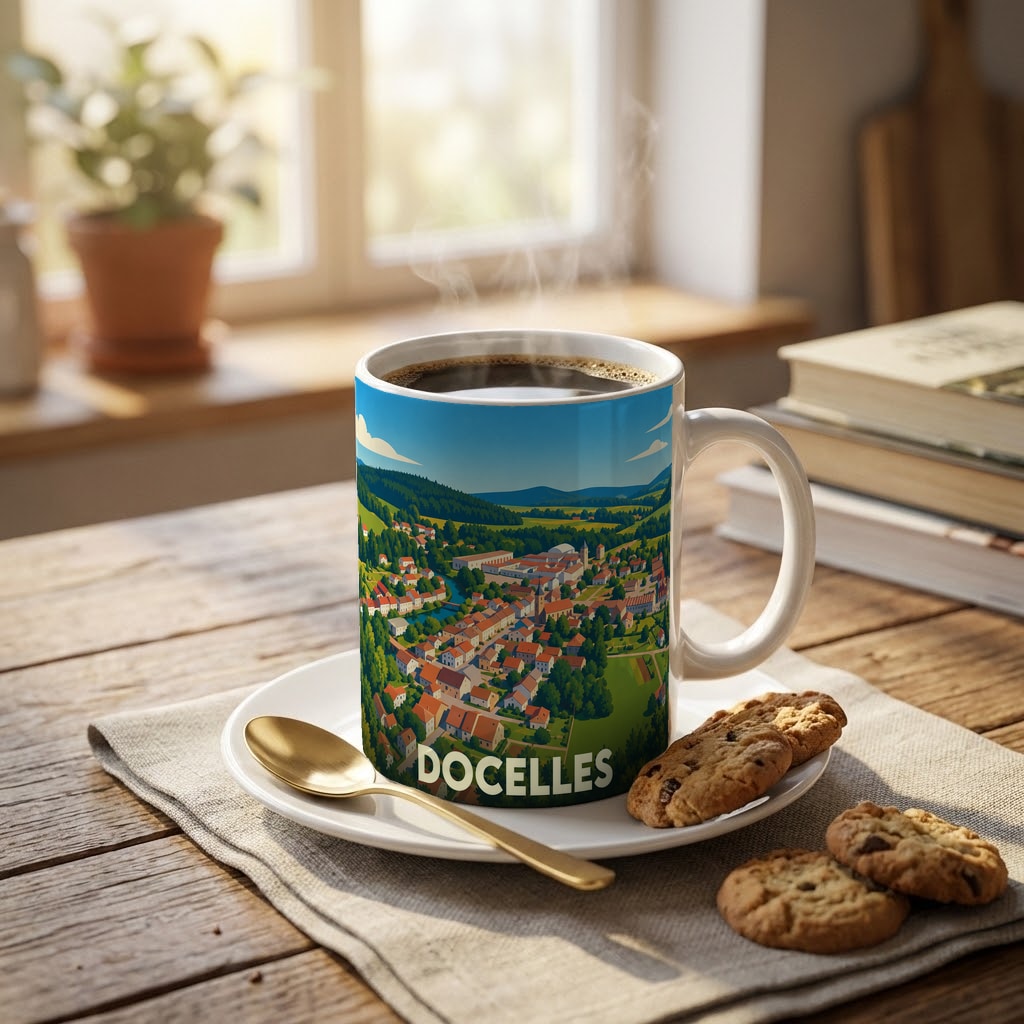 Mug souvenir de la ville de Docelles orné d'une illustration panoramique colorée.