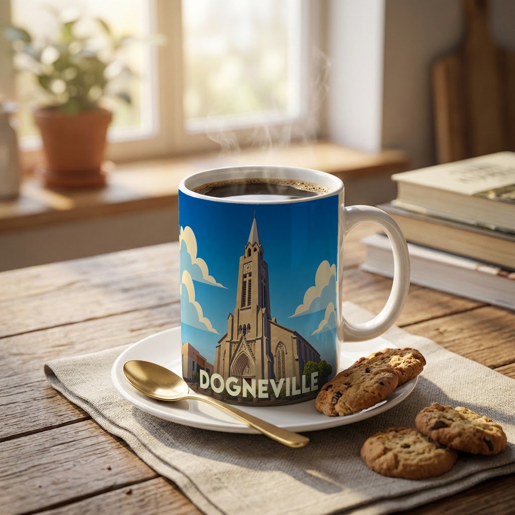 Mug souvenir de la ville de Dogneville avec une illustration stylisée de son église.