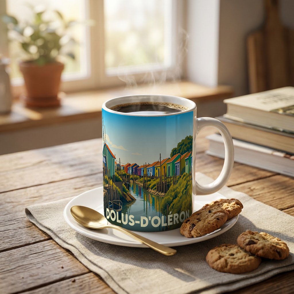 Mug souvenir de Dolus-d'Oléron orné d'une illustration colorée de cabanes de pêcheurs.
