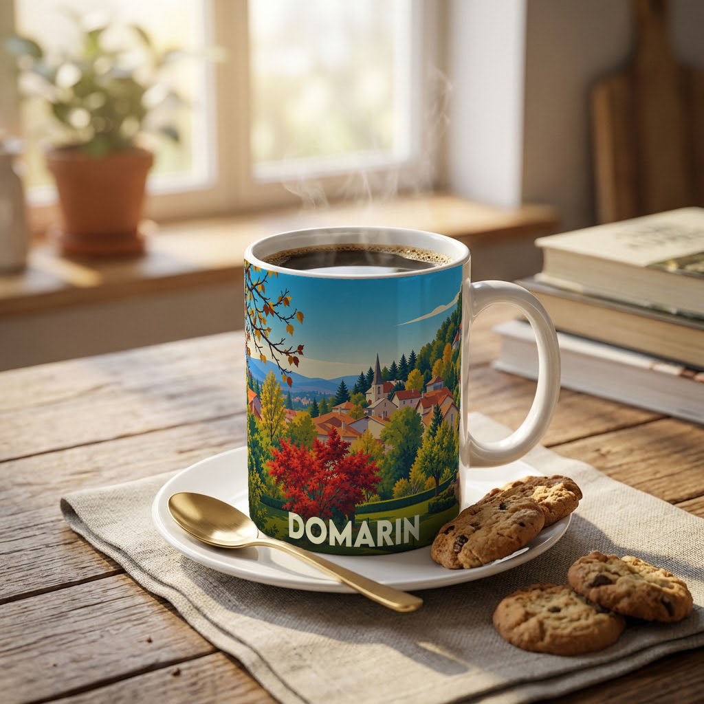 Mug souvenir de la ville de Domarin orné d'une illustration paysagère automnale stylisée.