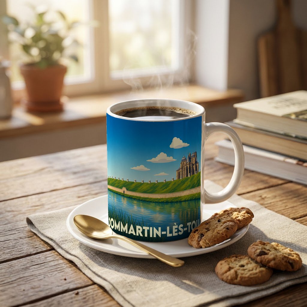 Mug souvenir de la ville de Dommartin-lès-Toul avec une illustration stylisée d'un château au bord de l'eau.