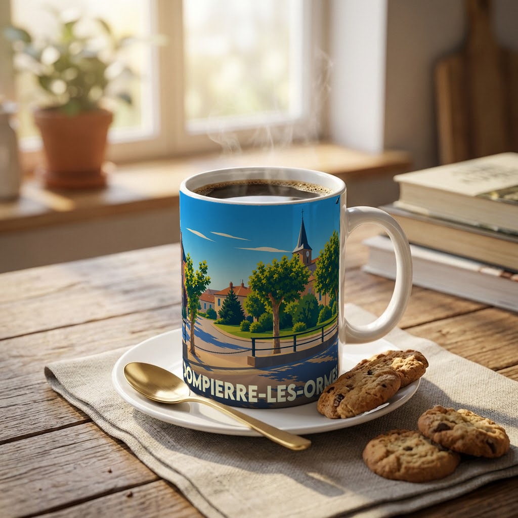 Mug souvenir de la ville de Dompierre-les-Ormes orné d'une illustration stylisée du paysage local.