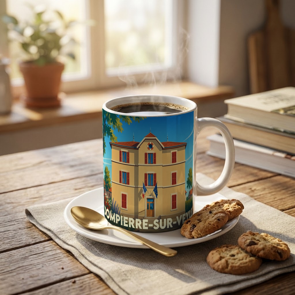 Mug souvenir de la ville de Dompierre-sur-Veyle orné d'une illustration stylisée de son hôtel de ville.