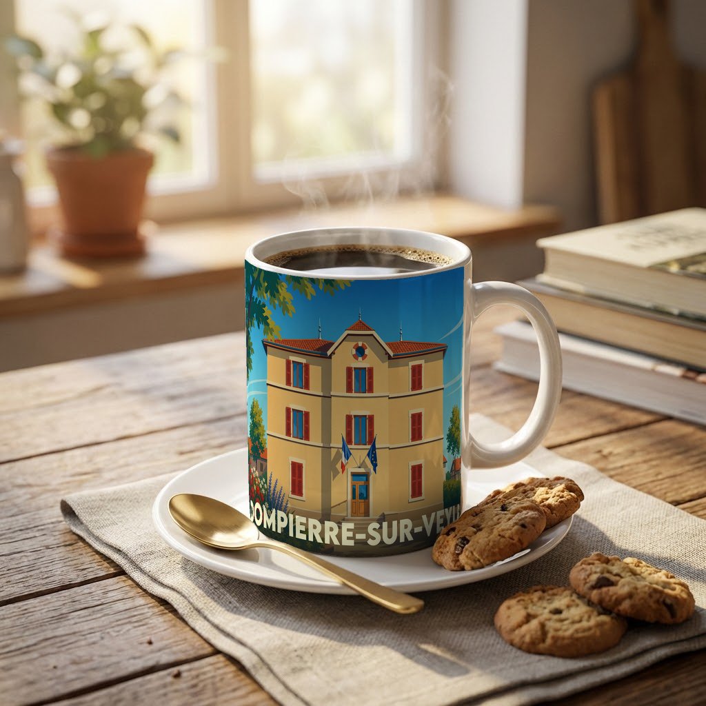 Mug souvenir de la ville de Dompierre-sur-Veyle orné d'une illustration stylisée de son hôtel de ville.