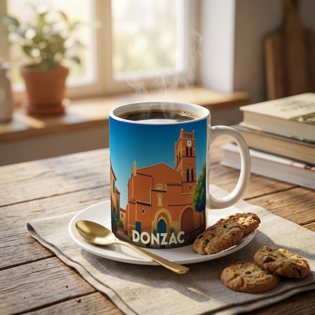 Mug souvenir de la ville de Donzac avec une illustration stylisée de son église.