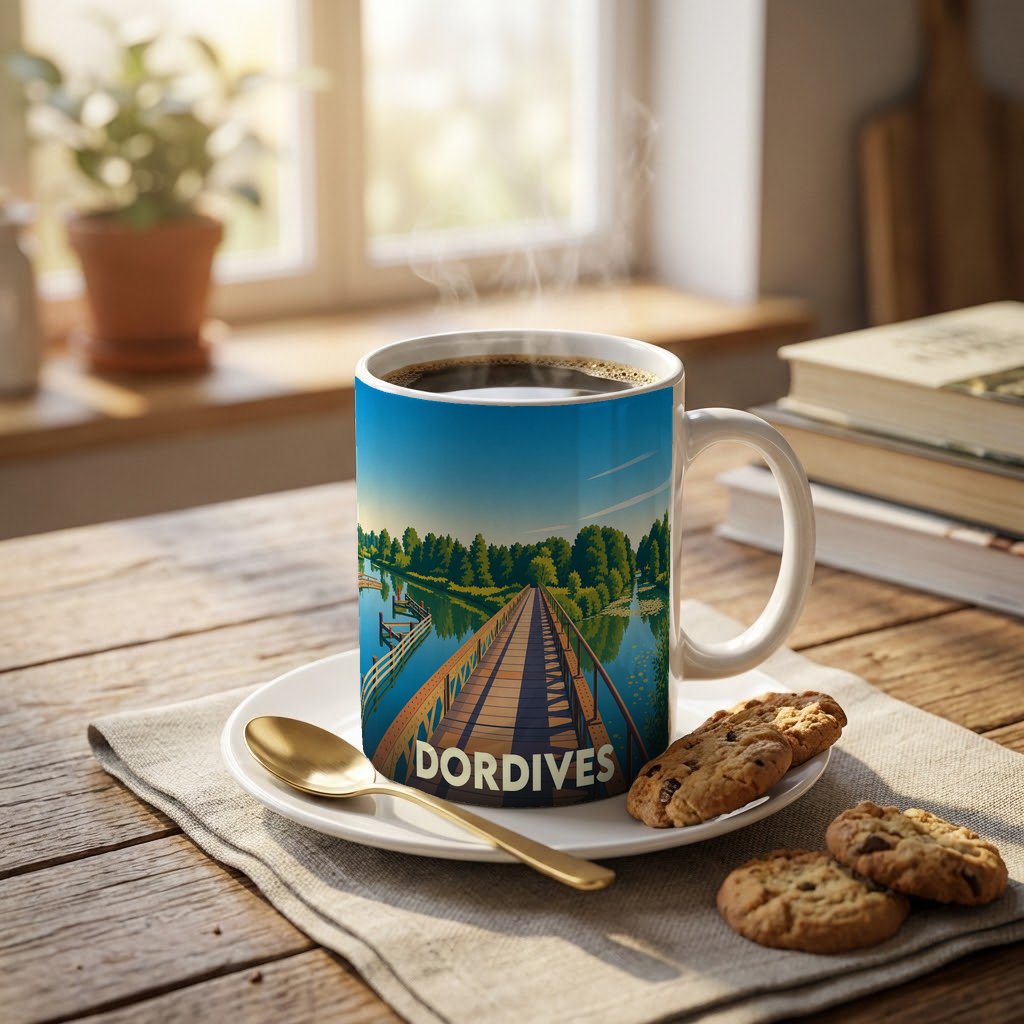 Mug souvenir de la ville de Dordives avec une illustration stylisée d'un pont en bois sur l'eau.