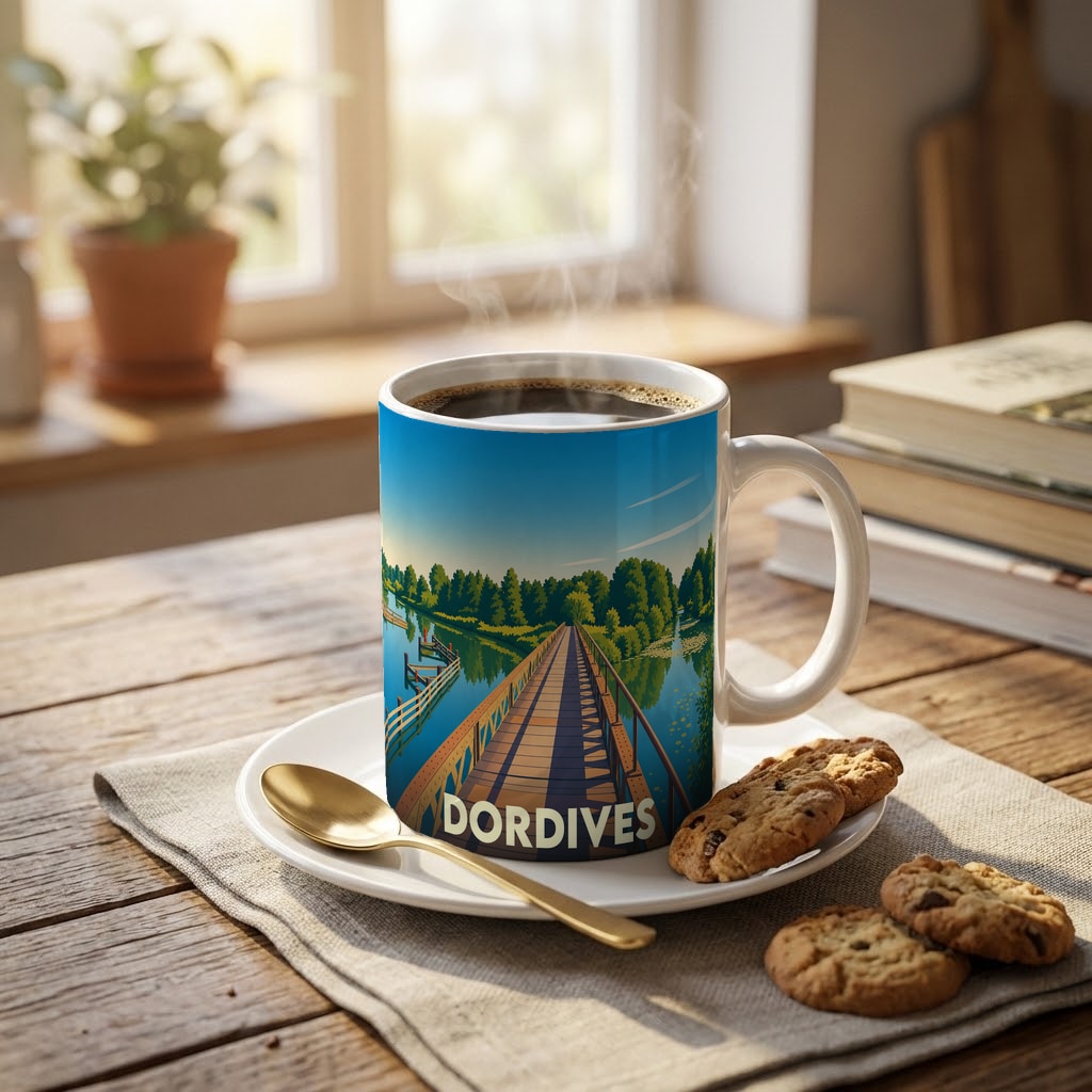 Mug souvenir de la ville de Dordives avec une illustration stylisée d'un pont en bois sur l'eau.