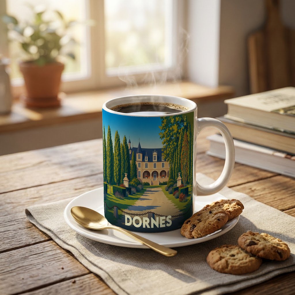 Mug souvenir de la ville de Dornes avec une illustration stylisée d'un château et de jardins.