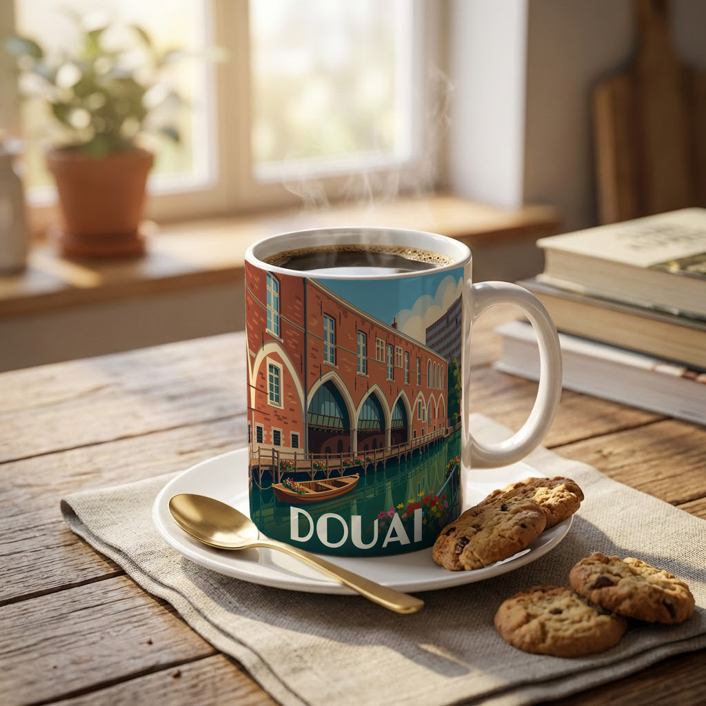 Mug souvenir de la ville de Douai avec une illustration stylisée représentant son architecture typique au bord de l'eau.
