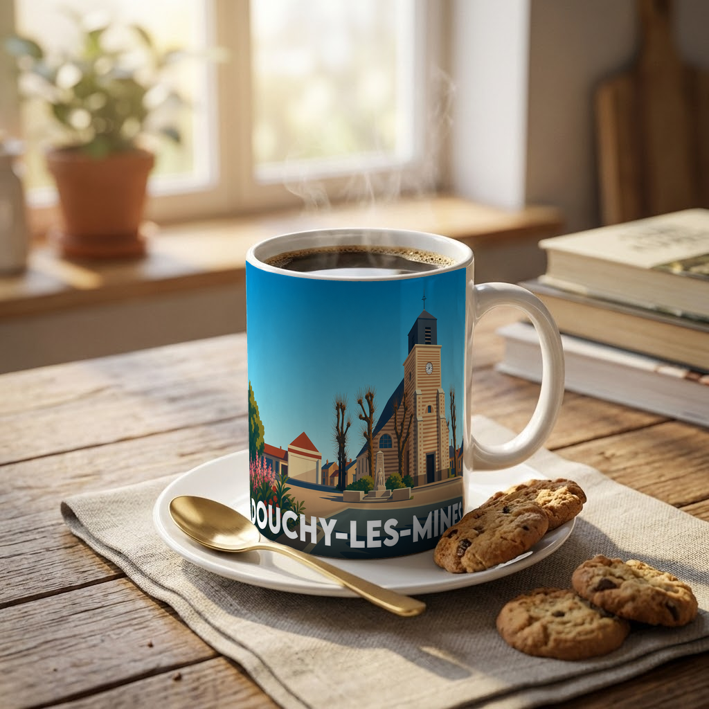 Mug souvenir de la ville de Douchy-les-Mines avec une illustration stylisée de son église et de son paysage urbain.