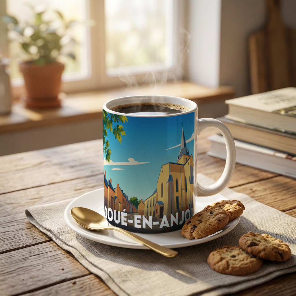Mug souvenir de la ville de Doué-en-Anjou avec une illustration stylisée d'une église et de maisons.