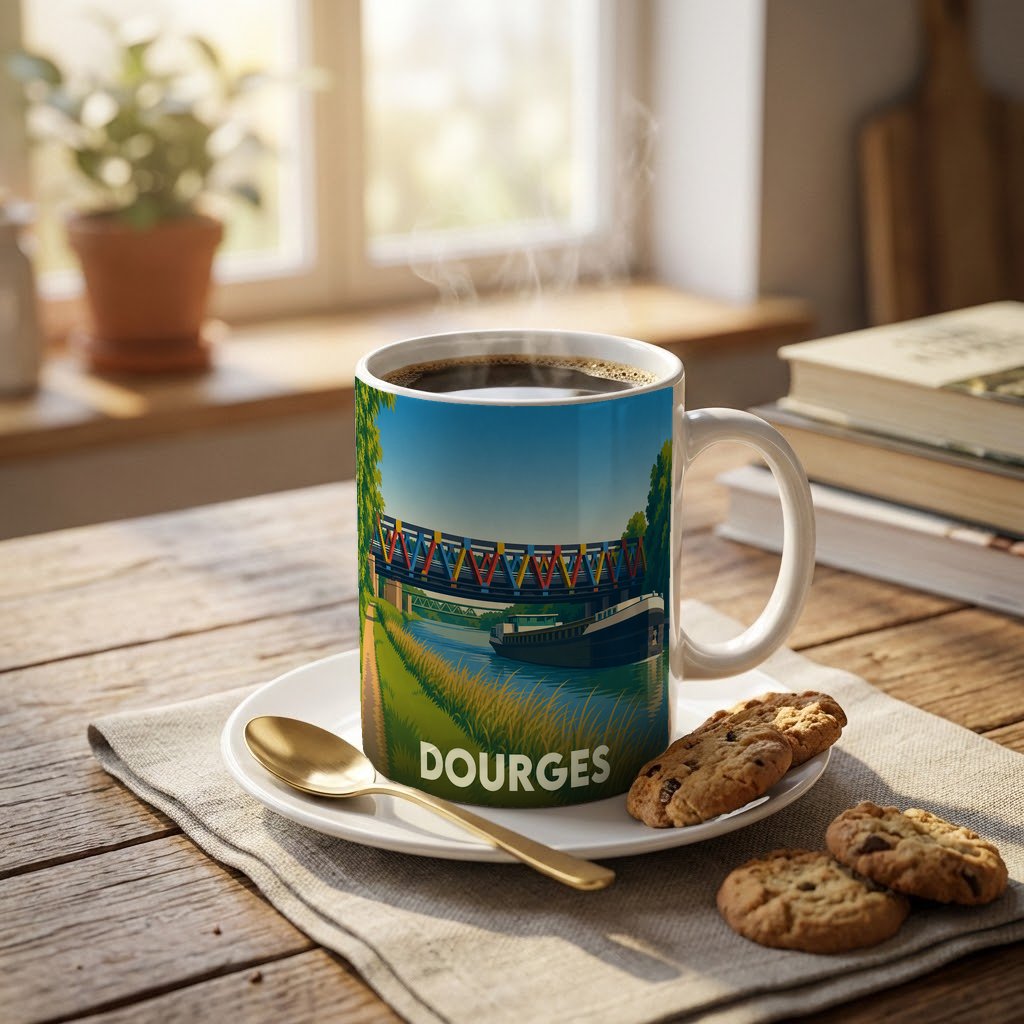 Mug souvenir de la ville de Dourges orné d'une illustration stylisée d'un pont et d'une péniche.
