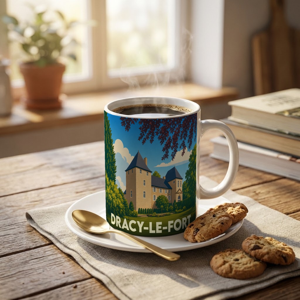 Mug souvenir de la ville de Dracy-le-Fort avec une illustration stylisée d'un château.